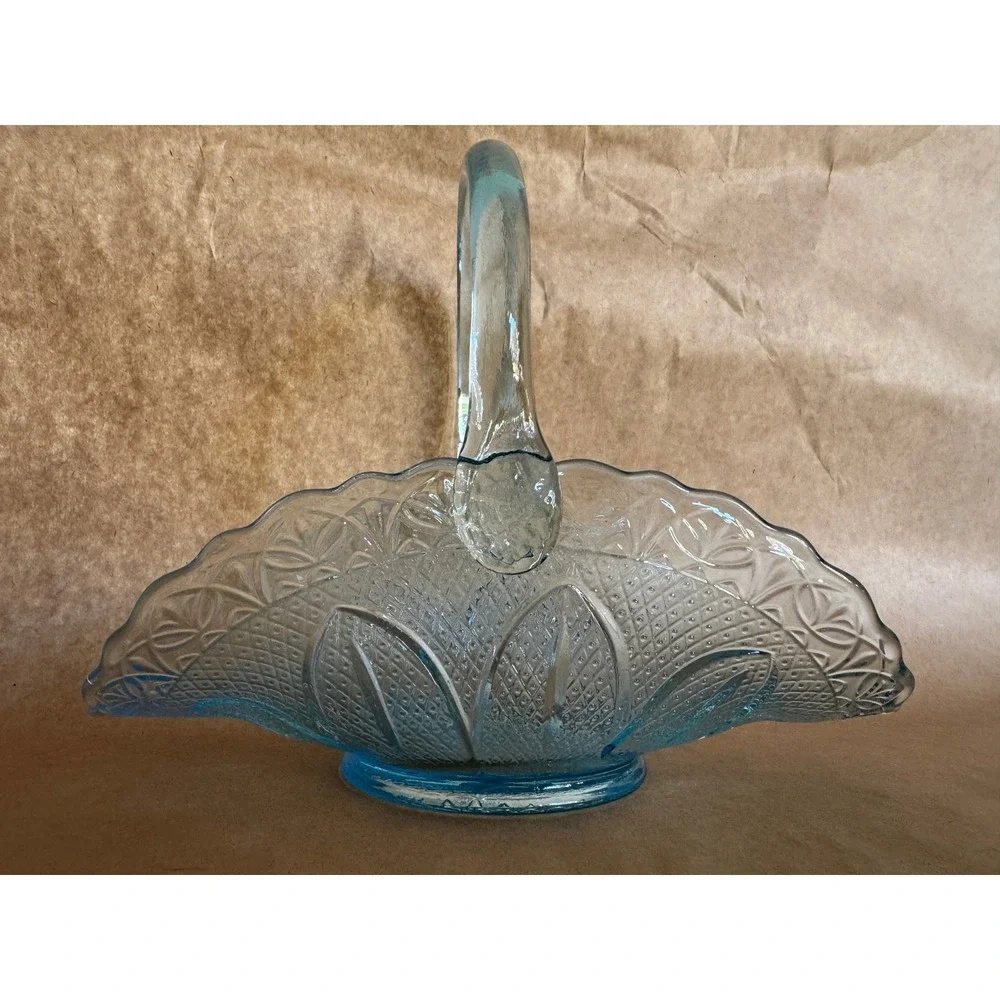 Fenton for Princess House Ice Blue Glass Basket Starburst Scalloped Vintage